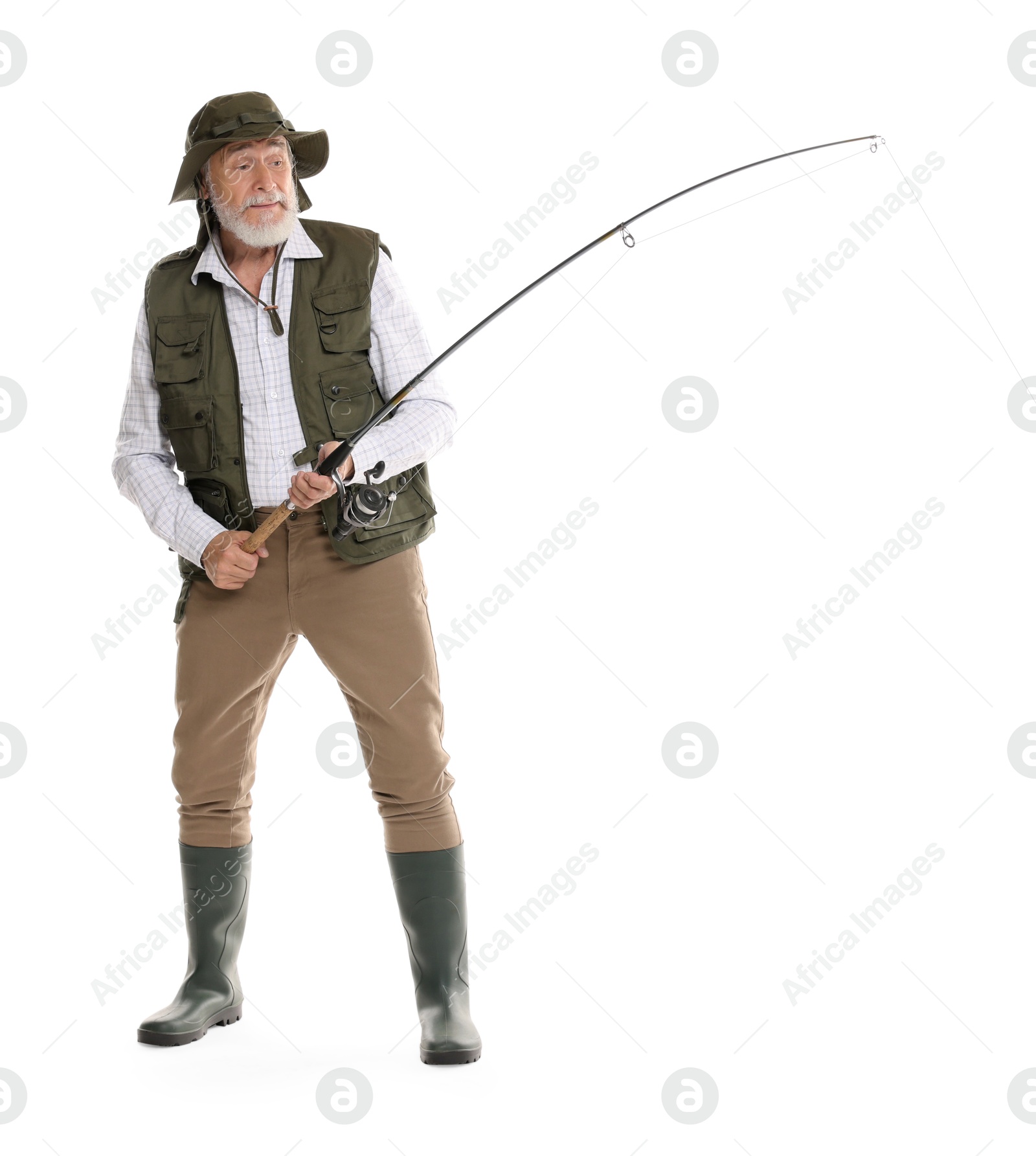 Photo of Fisherman with fishing rod on white background