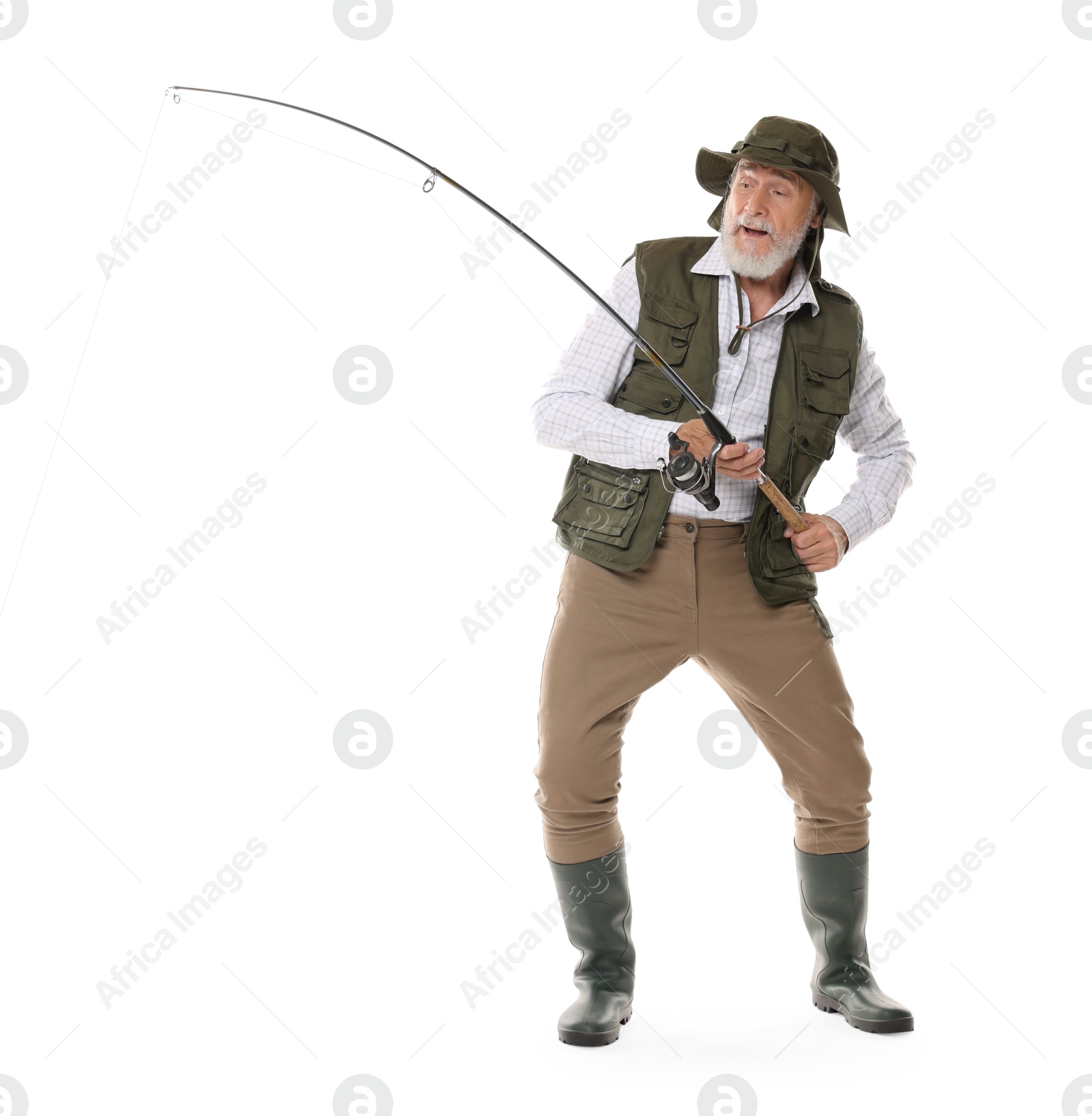 Photo of Fisherman with fishing rod on white background