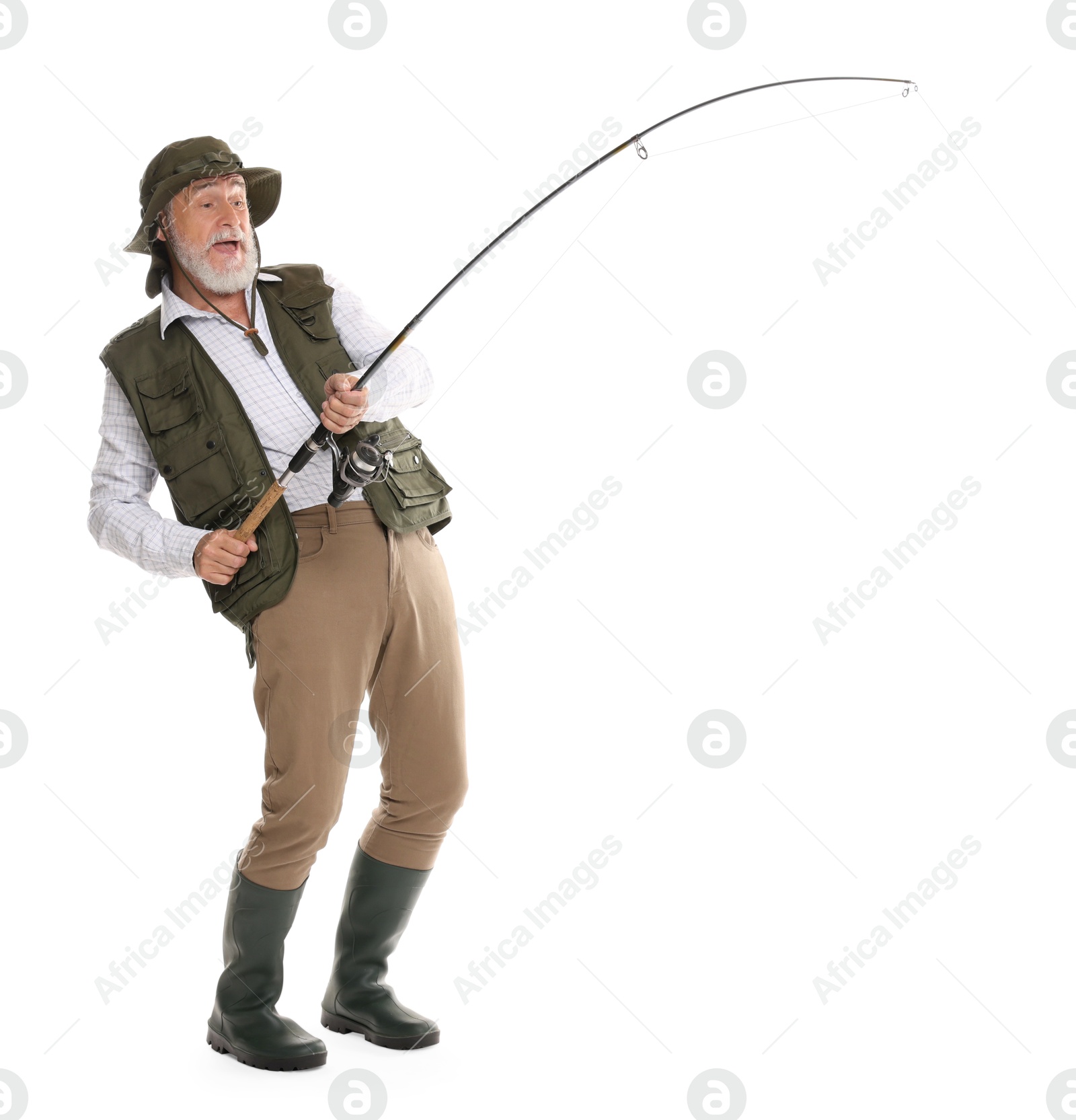 Photo of Fisherman with fishing rod on white background