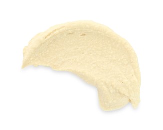 Photo of Sample of delicious hummus isolated on white, top view