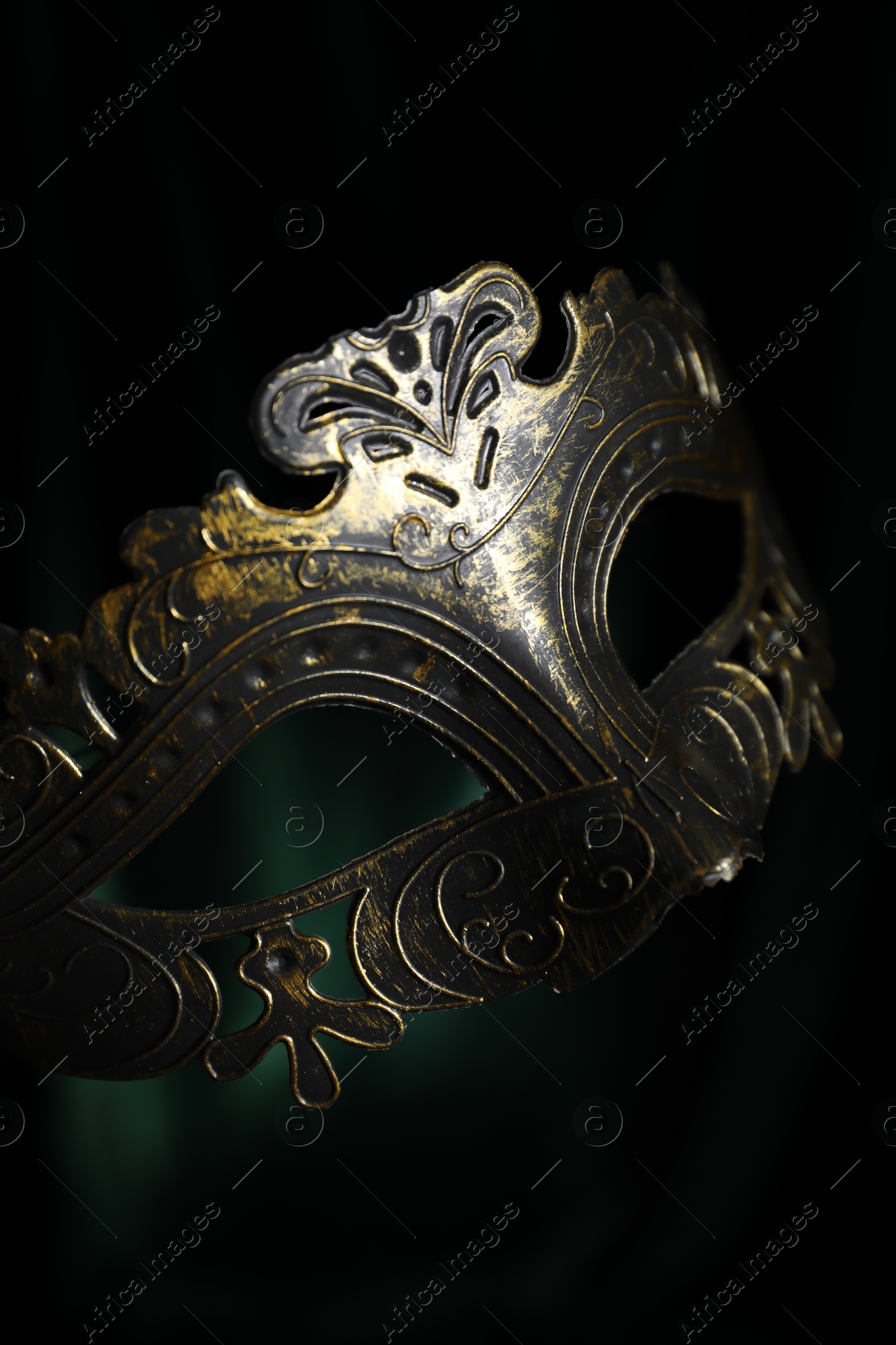 Photo of Beautiful carnival mask on black background, closeup