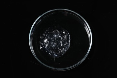 Petri dish with sample on black mirror surface, top view