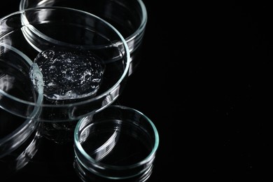 Photo of Petri dishes with samples on black mirror surface, space for text