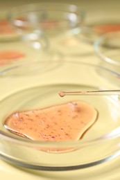 Photo of Dripping sample from pipette into petri dish on beige background, closeup