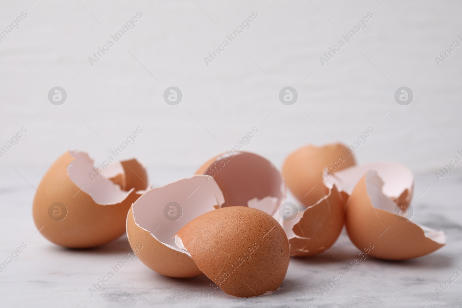 Photo of Pile of broken eggshells on light table, closeup