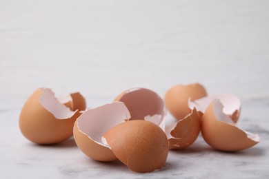 Photo of Pile of broken eggshells on light table, closeup