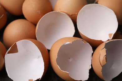 Photo of Pieces of broken eggshells on table, closeup