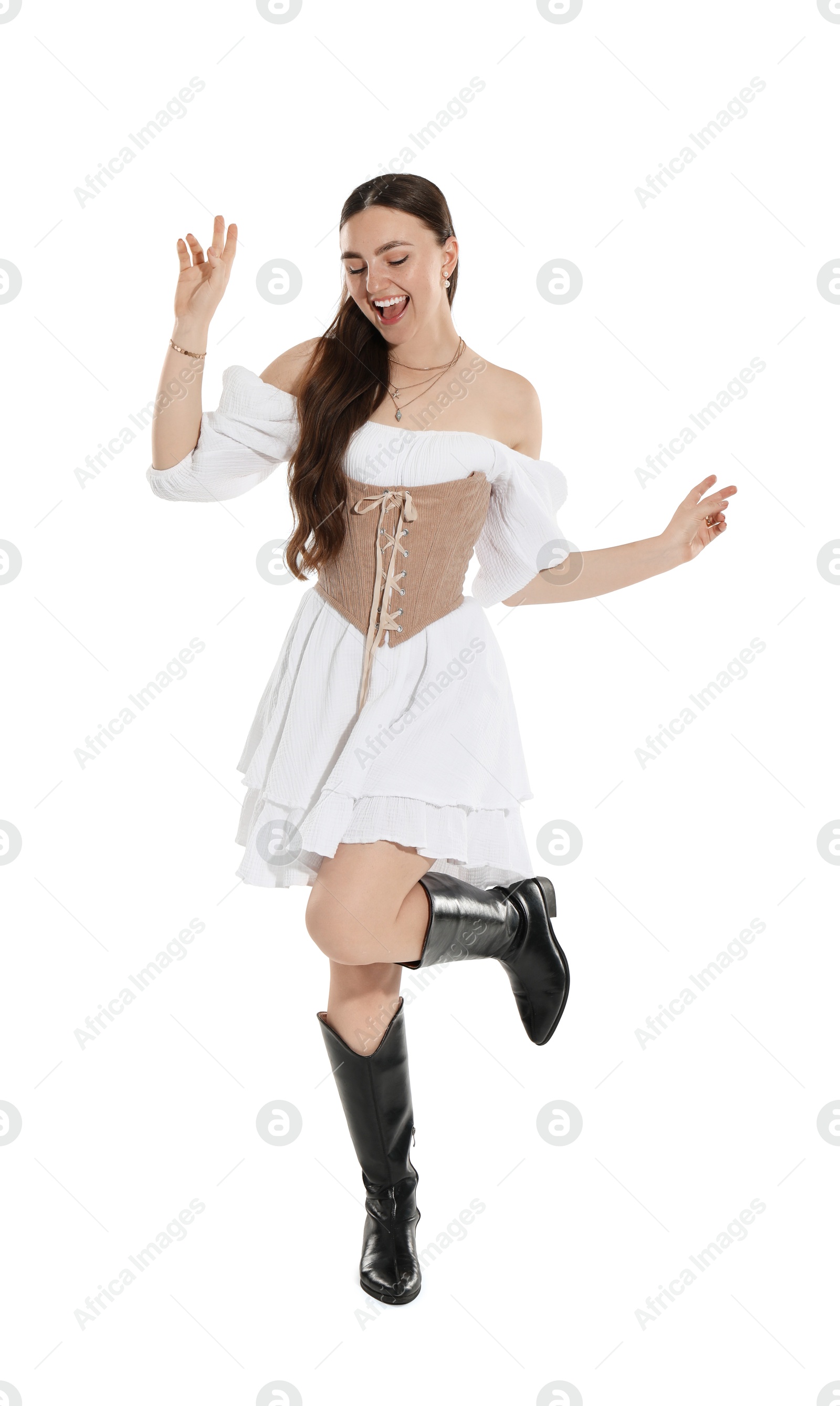 Photo of Happy woman in velvet corset on white background