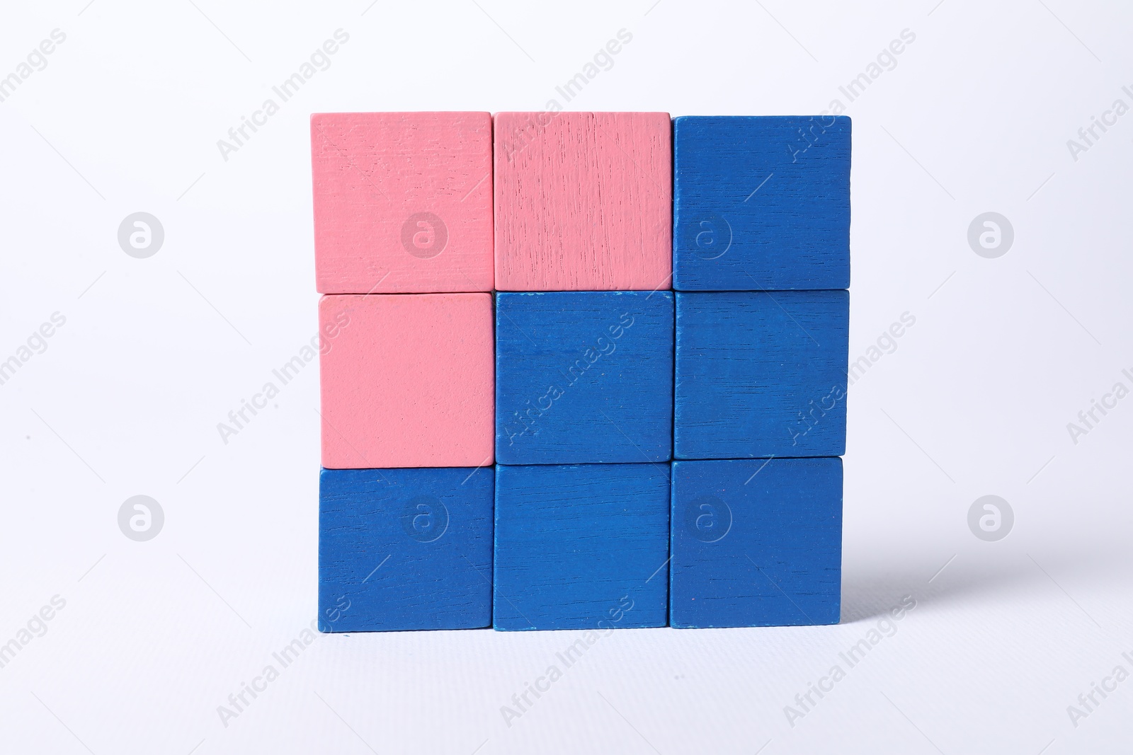 Photo of Many blank colorful cubes on white background