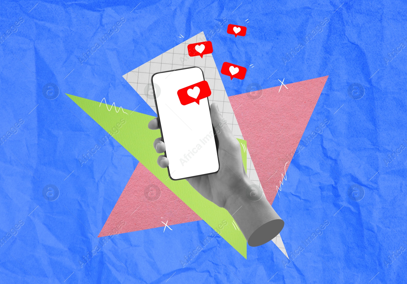 Image of Art collage with smartphone in man's hand on crumpled paper background. Notifications with hearts flying out of device. Social media, communication, popularity