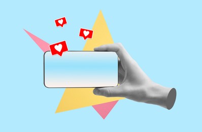 Image of Art collage with smartphone in man's hand on light blue background. Notifications with hearts flying out of device. Social media, communication, popularity