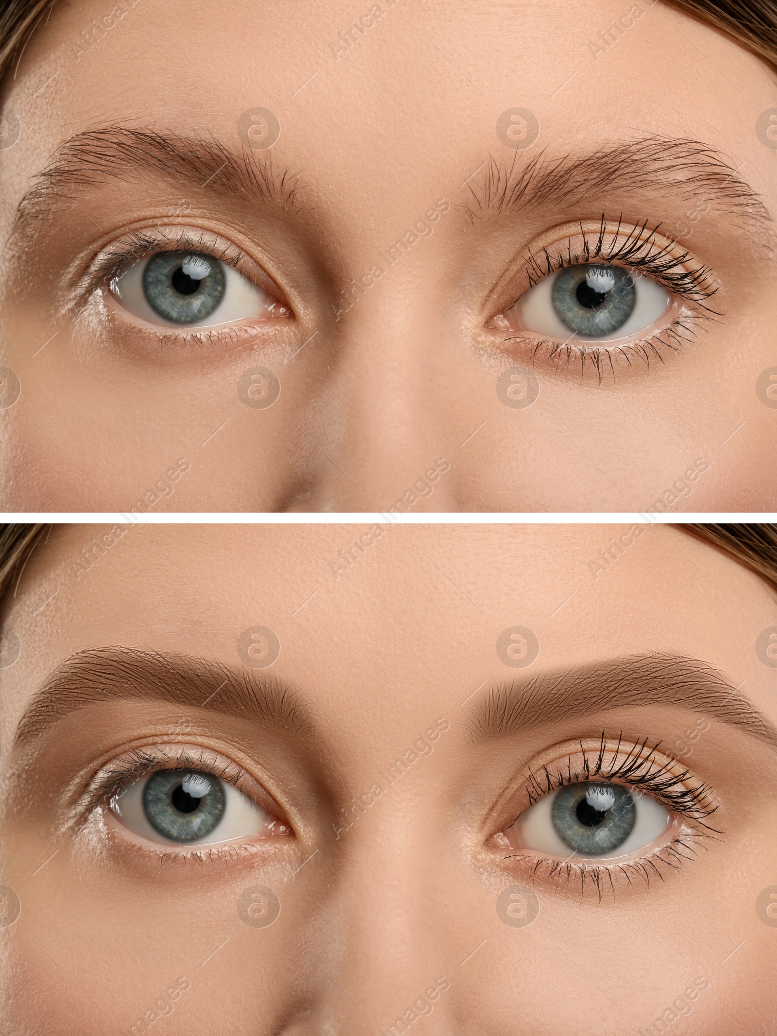 Image of Beautiful woman before and after permanent makeup eyebrow procedure, closeup. Collage of photos