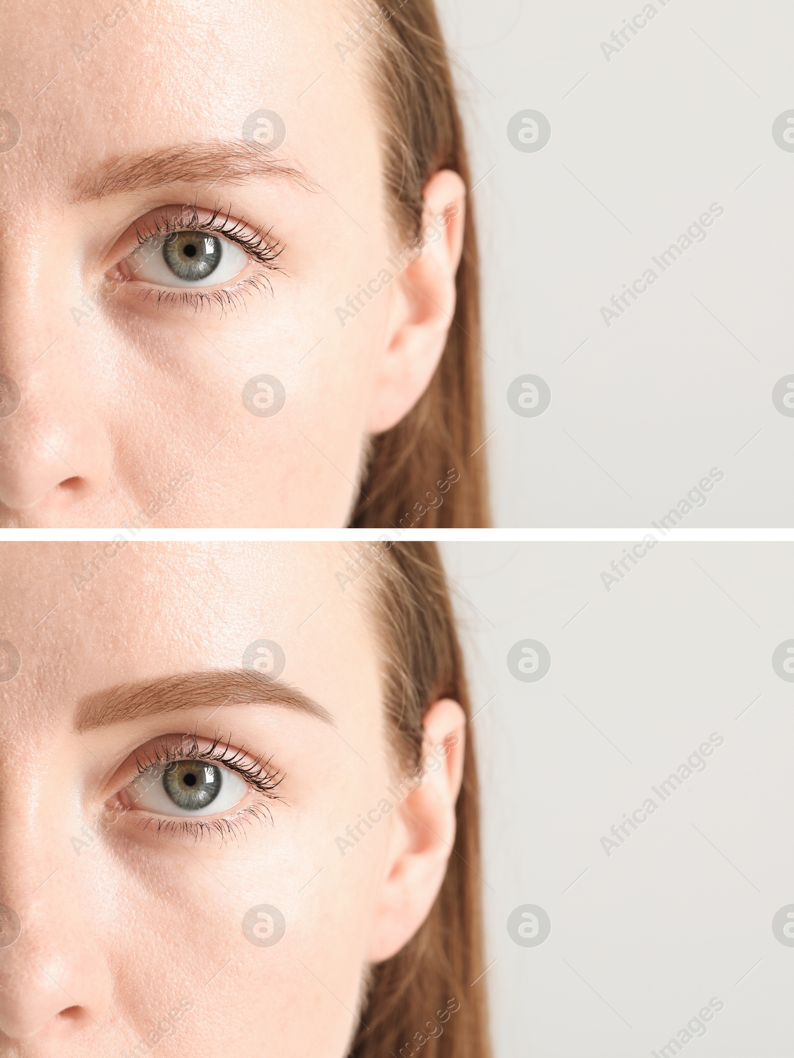 Image of Beautiful woman before and after permanent makeup eyebrow procedure on light background, closeup. Collage of photos