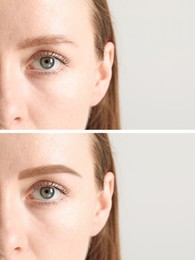 Image of Beautiful woman before and after permanent makeup eyebrow procedure on light background, closeup. Collage of photos