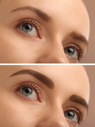 Image of Beautiful woman before and after permanent makeup eyebrow procedure, closeup. Collage of photos