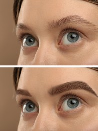 Image of Beautiful woman before and after permanent makeup eyebrow procedure on dark beige background, closeup. Collage of photos