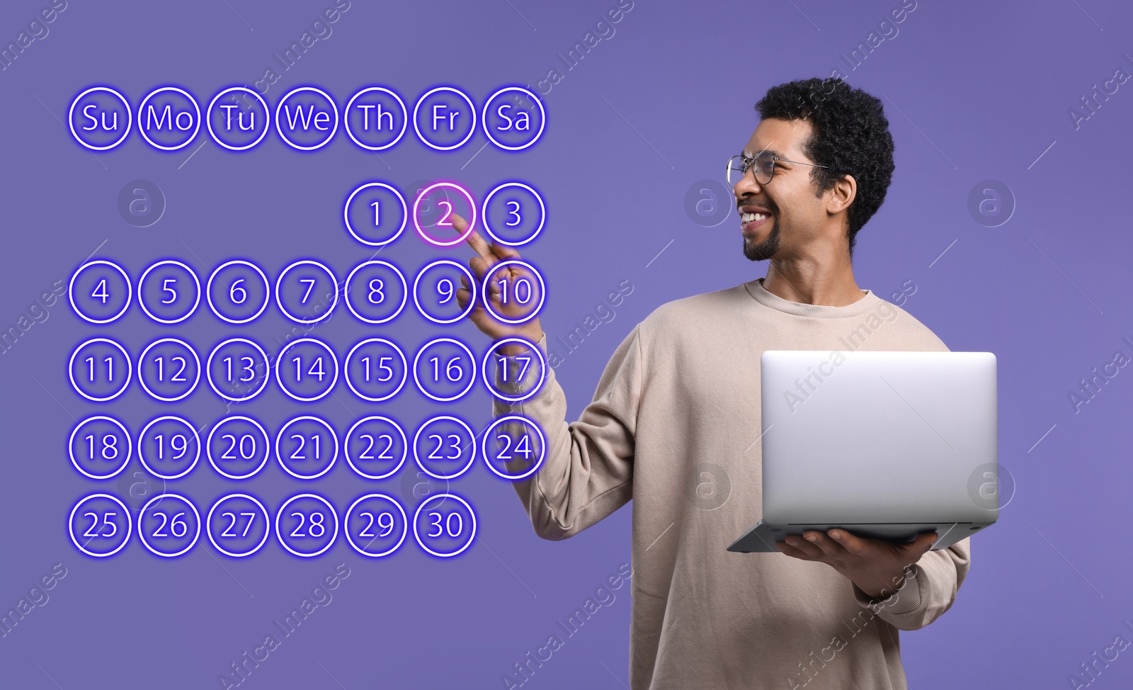 Image of Making timetable. Man with notebook touching virtual calendar on dark violet background