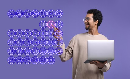 Image of Making timetable. Man with notebook touching virtual calendar on dark violet background