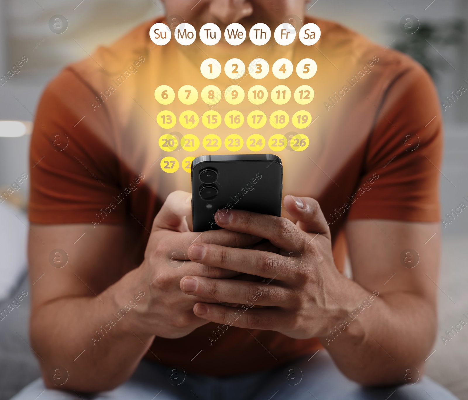 Image of Making timetable. Man using smartphone, closeup. Virtual calendar projected from device