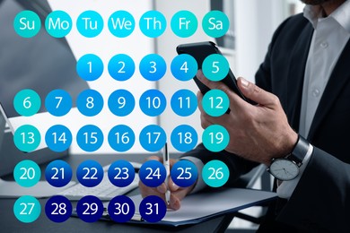 Businessman making timetable in phone, closeup. Virtual calendar near him