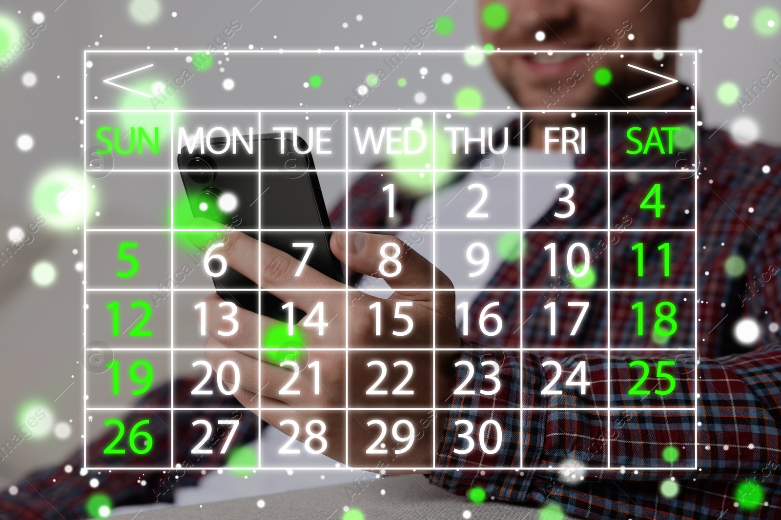 Image of Man making timetable in phone, closeup. Virtual calendar in foreground