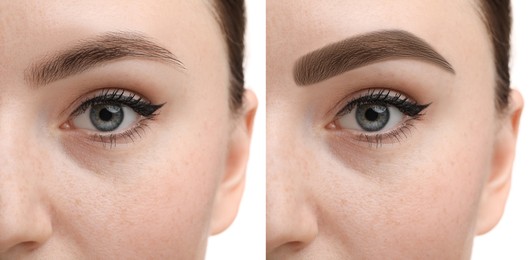 Image of Beautiful woman before and after permanent makeup eyebrow procedure on white background, closeup. Collage of photos