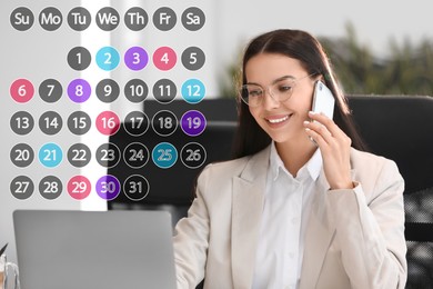 Image of Making timetable. Businesswoman talking on phone and using laptop. Virtual calendar with marked dates near her