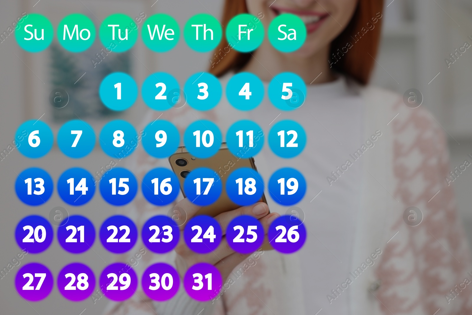 Image of Woman making timetable in mobile phone at home, closeup. Virtual calendar in foreground