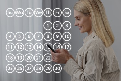 Image of Woman making timetable in phone at home. Virtual calendar near her