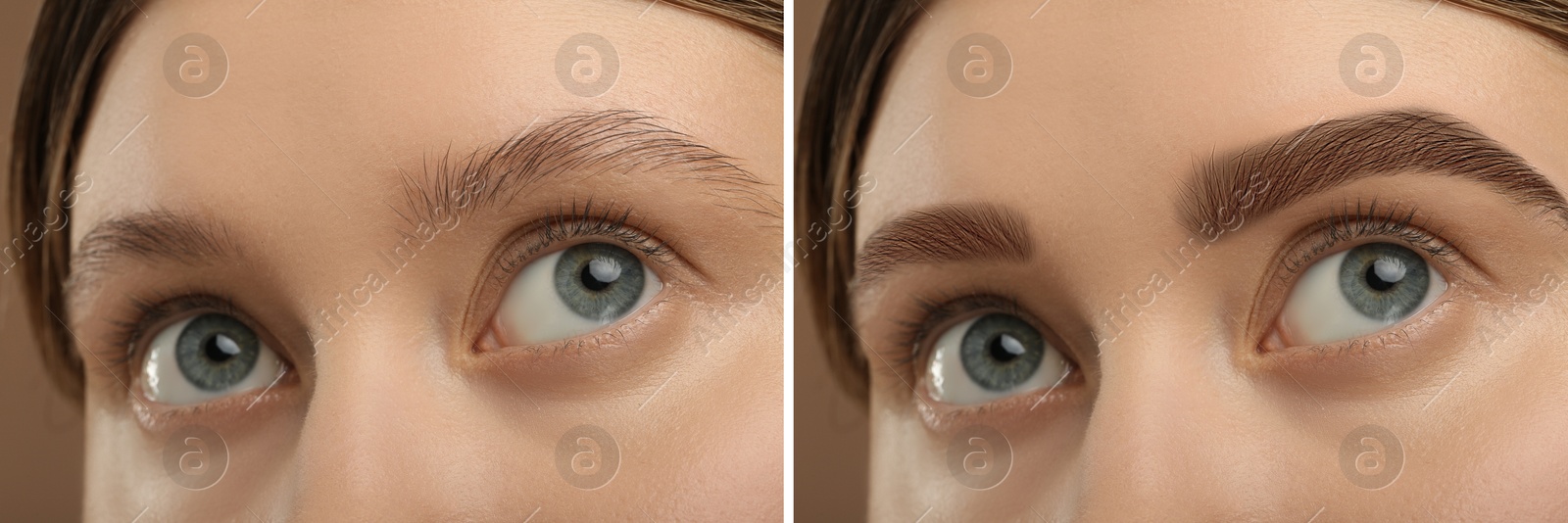 Image of Beautiful woman before and after permanent makeup eyebrow procedure, closeup. Collage of photos