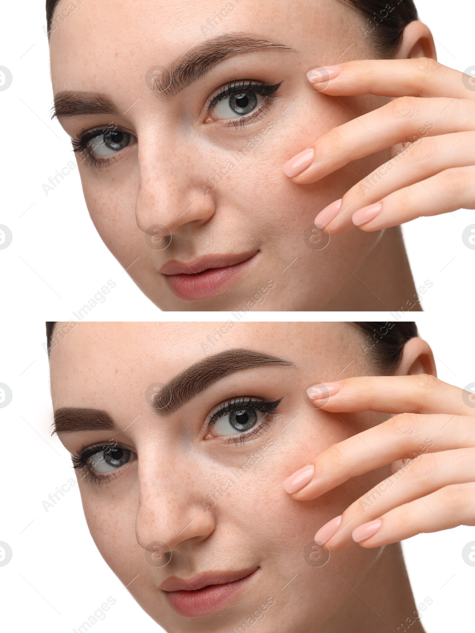 Image of Beautiful woman before and after permanent makeup eyebrow procedure on white background, closeup. Collage of photos