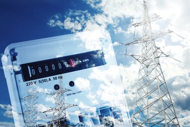 Image of Electricity meter and high voltage towers, double exposure