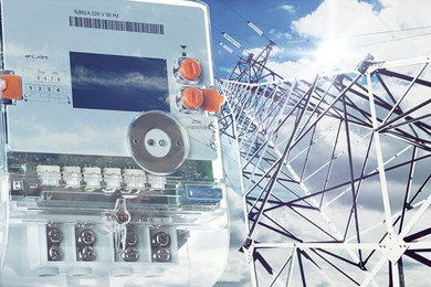 Image of Electricity meter and high voltage towers, double exposure