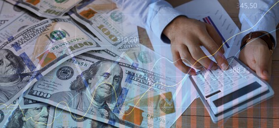 Budget concept, banner design. Man using calculator at table, dollars and graphs, multiple exposure