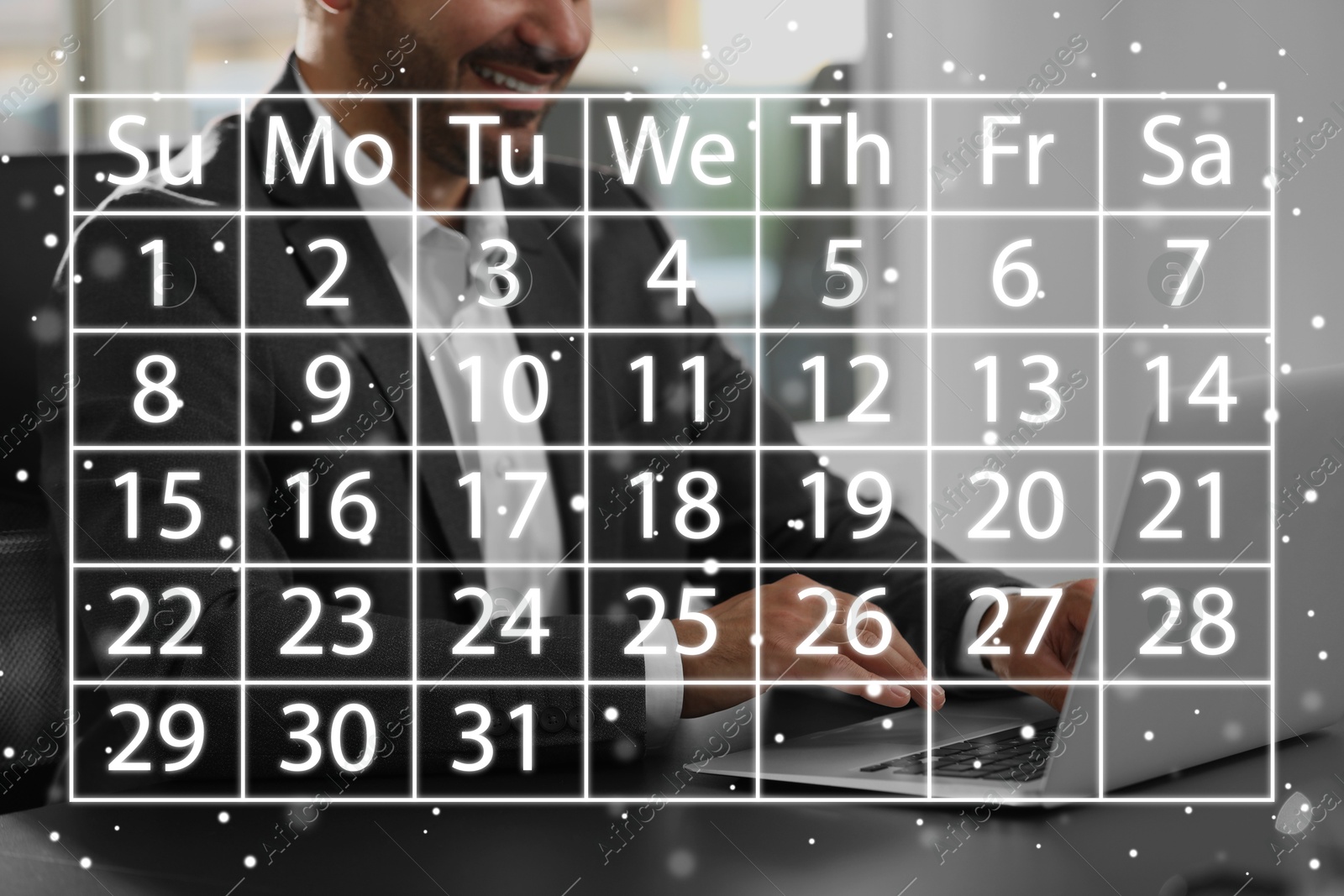 Image of Businessman making timetable in laptop at table, closeup. Virtual calendar in foreground