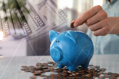 Image of Budget concept. Man putting coin into piggy bank at table, dollars and graphs, multiple exposure