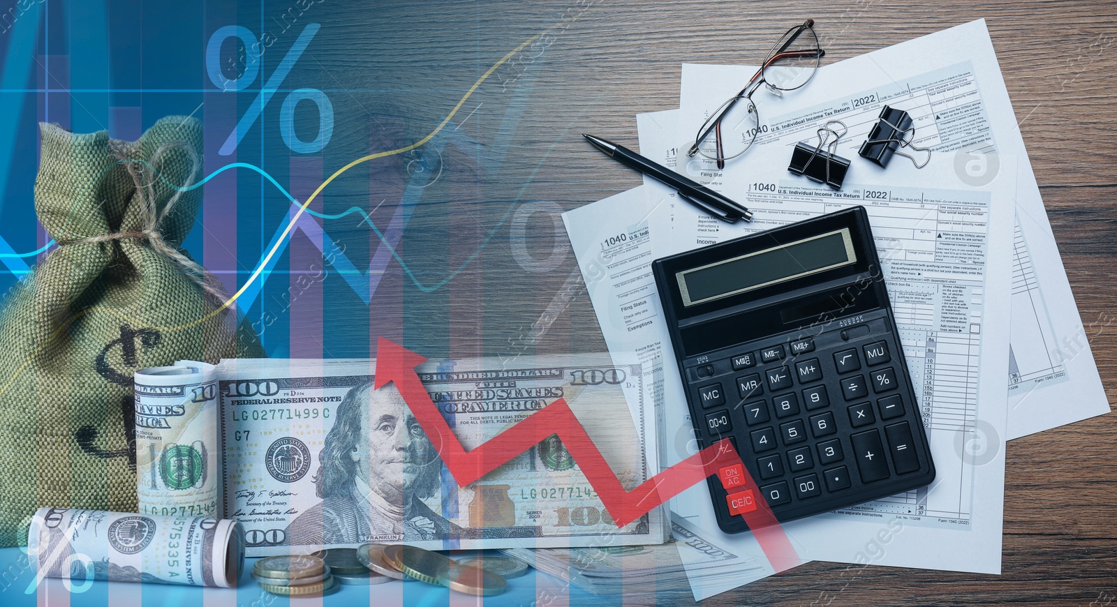 Image of Budget concept, banner design. Money, graphs and calculator, multiple exposure