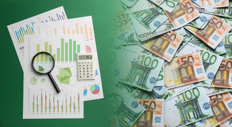 Image of Budget concept, banner design. Graphs, calculator and euro banknotes, double exposure