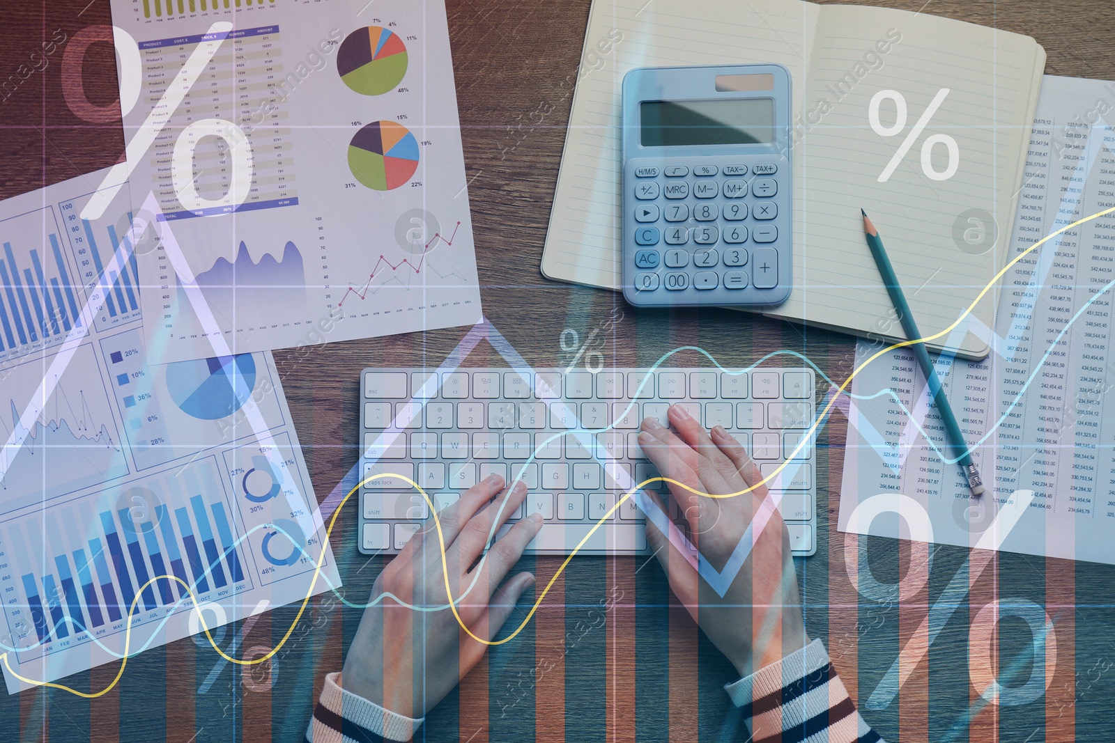 Image of Budget concept. Graphs and woman working at table, multiple exposure