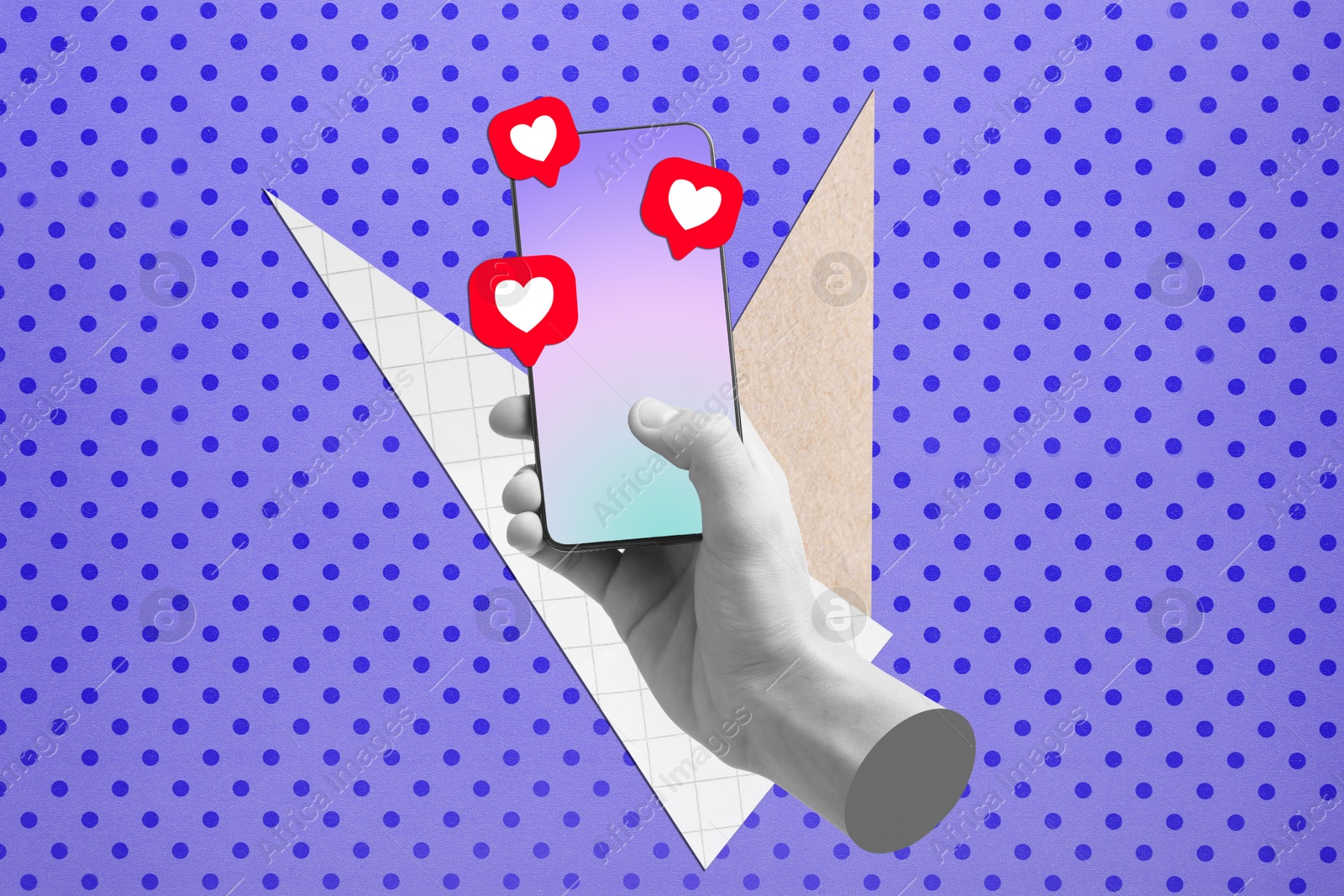 Image of Art collage with smartphone in man's hand on color background. Notifications with hearts flying out of device. Social media, communication, popularity