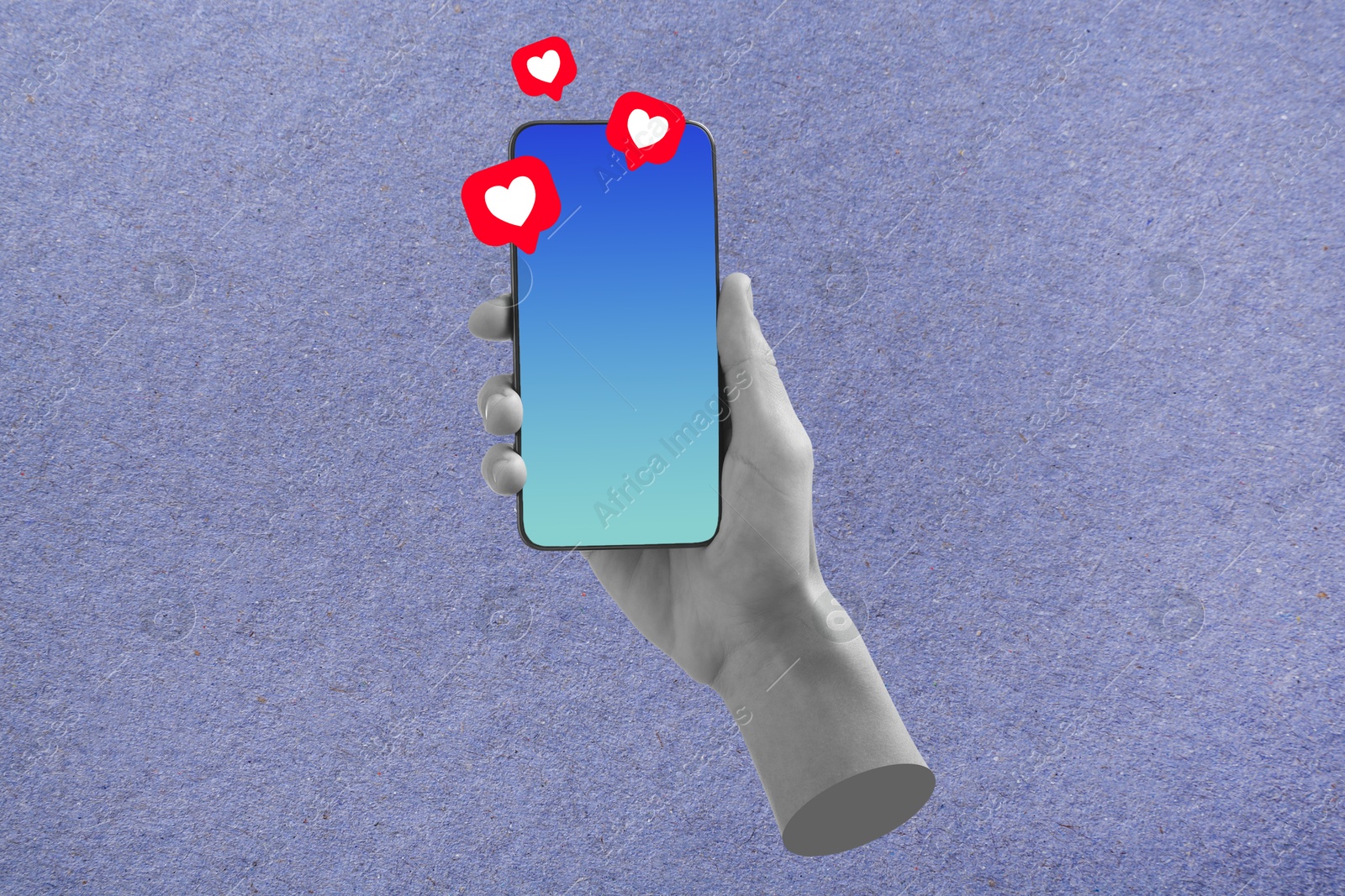 Image of Art collage with smartphone in man's hand on color background. Notifications with hearts flying out of device. Social media, communication, popularity