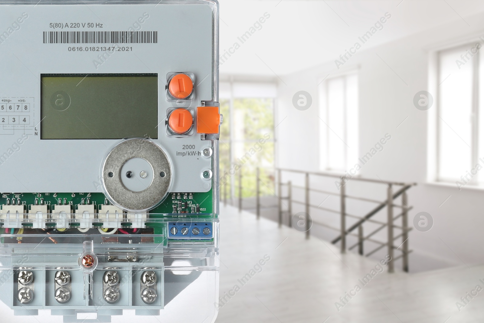 Image of Electricity meter indoors, space for text. Measuring device