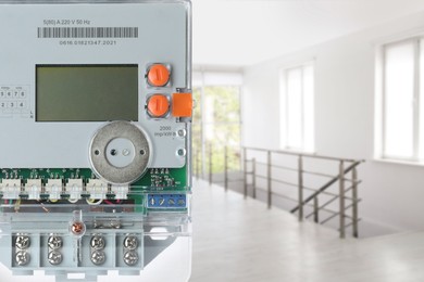 Image of Electricity meter indoors, space for text. Measuring device