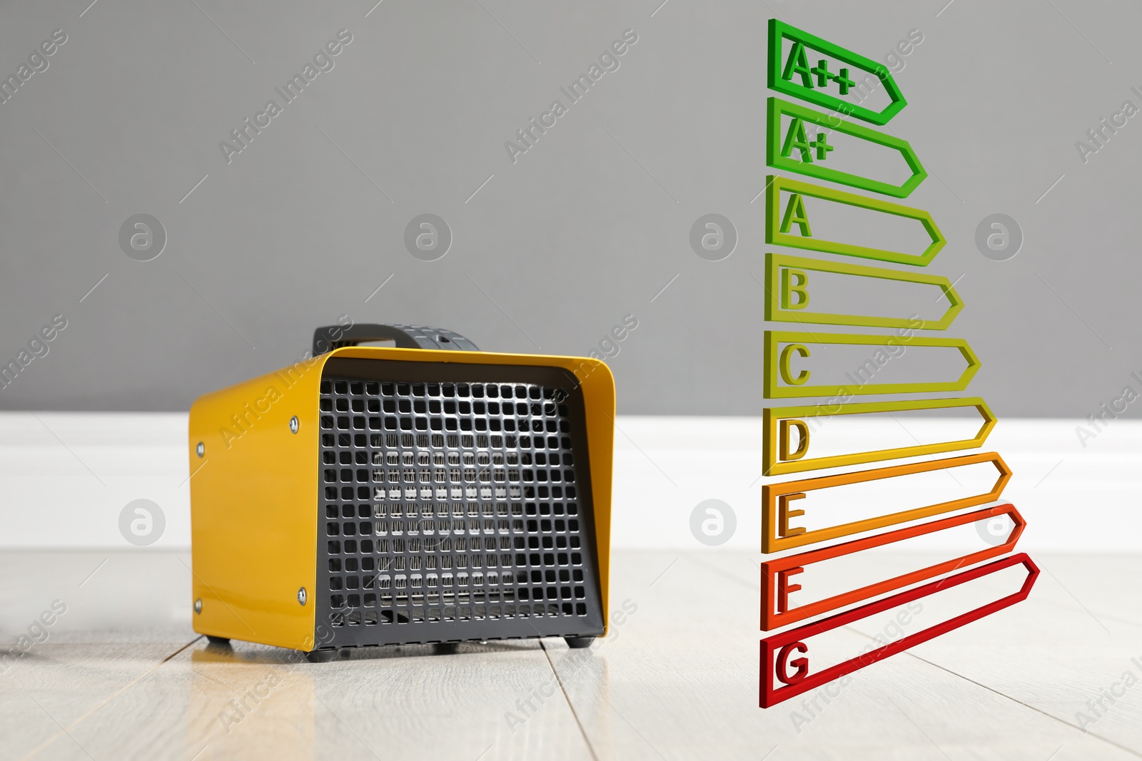 Image of Energy efficiency rating label and electric heater in room