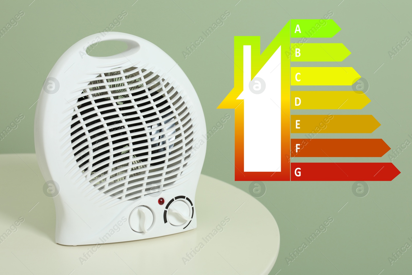 Image of Energy efficiency rating label and electric fan heater indoors