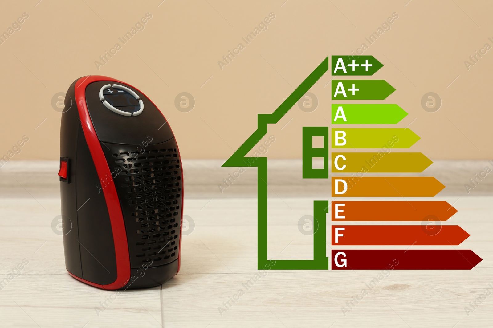 Image of Energy efficiency rating label and compact electric heater indoors