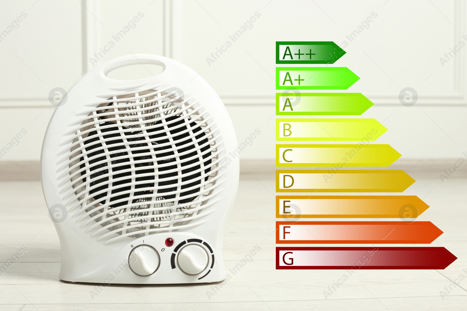 Image of Energy efficiency rating label and electric fan heater indoors