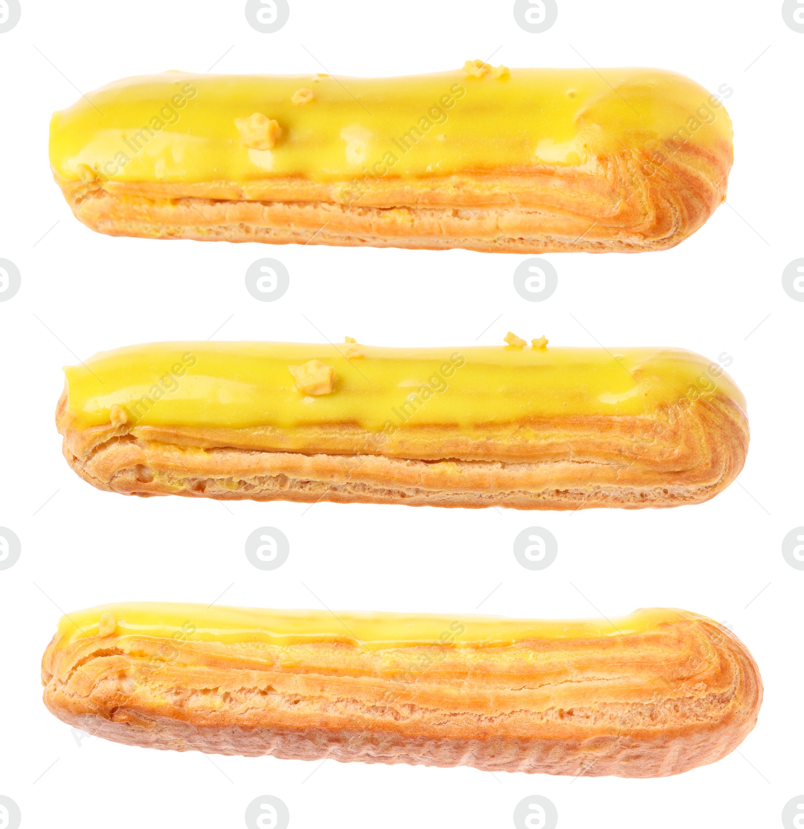 Image of Tasty eclair with yellow frosting isolated on white, collage