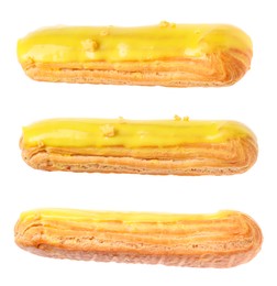 Image of Tasty eclair with yellow frosting isolated on white, collage