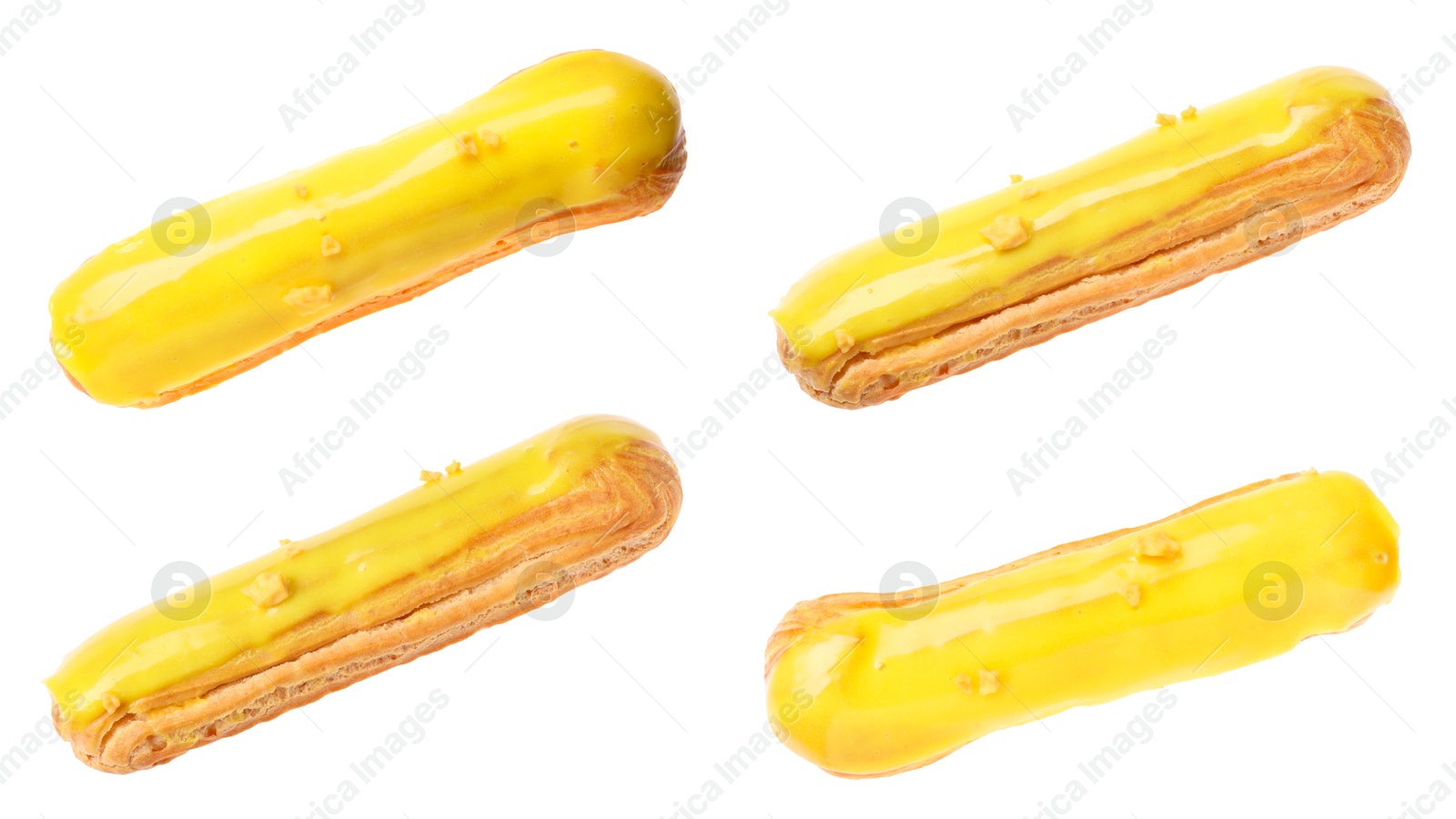 Image of Tasty eclair with yellow frosting isolated on white, collage